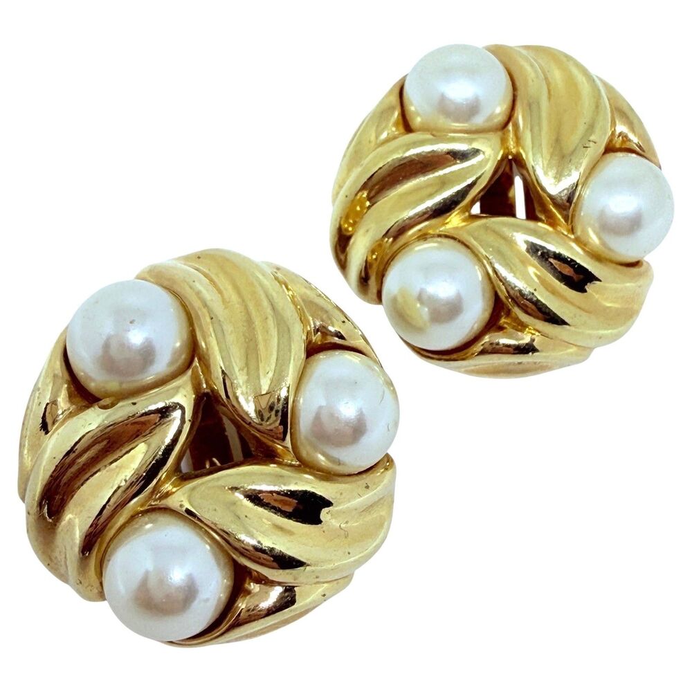 NORDSTROM signed vintage gold tone pearls designer clip on earrings
